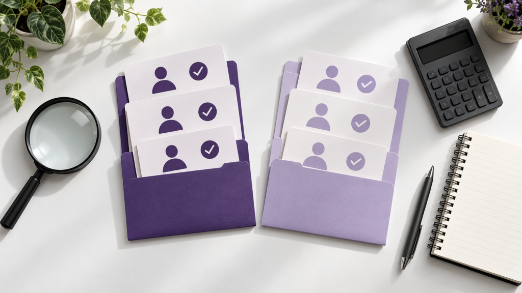 Two folders of enquiry cards representing lead-quality comparisons between advertising test variants