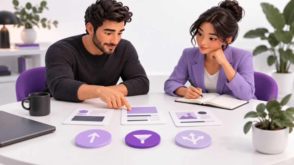 Two colleagues reviewing website progress and options for their next SEO steps