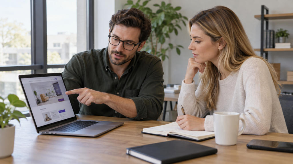 Two professionals reviewing a website on a laptop and taking notes