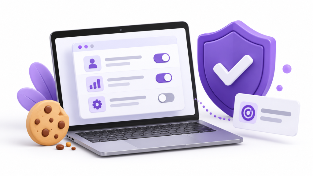 Laptop displaying consent preferences beside a purple privacy shield and cookie symbol.