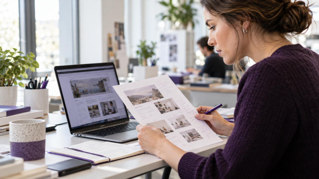 Content editor comparing a printed webpage proof with the page on a laptop.