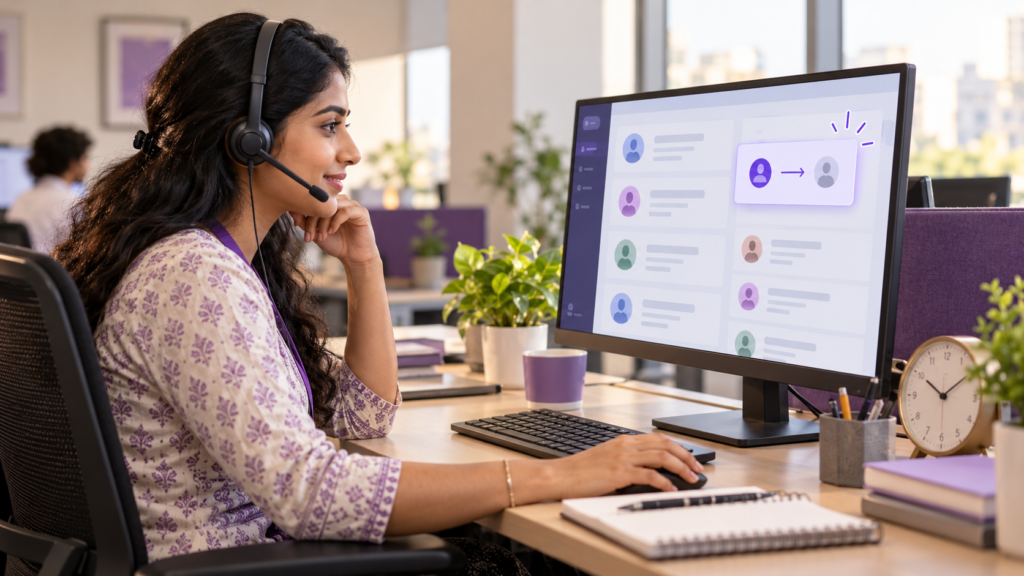 Customer service professional reviewing enquiry assignments in a CRM while wearing a headset