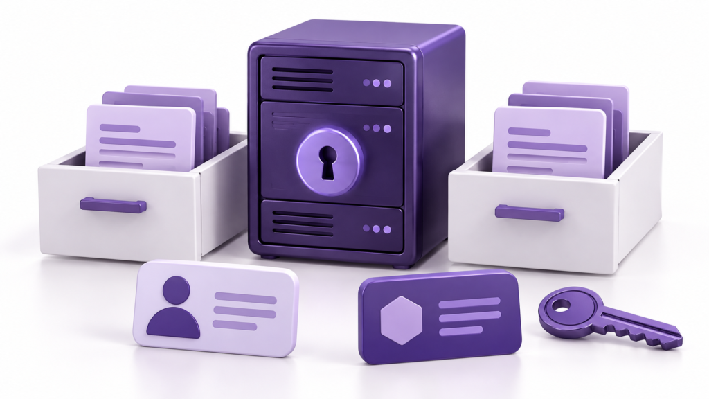 Server with a keyhole, separate document drawers and dealer account badges representing controlled document access