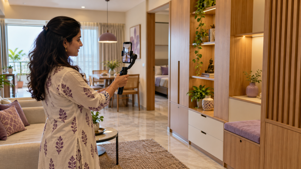 Interior designer filming an apartment walkthrough for social media advertising