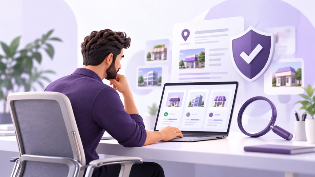 Business owner reviewing listing details beside verification and search symbols.