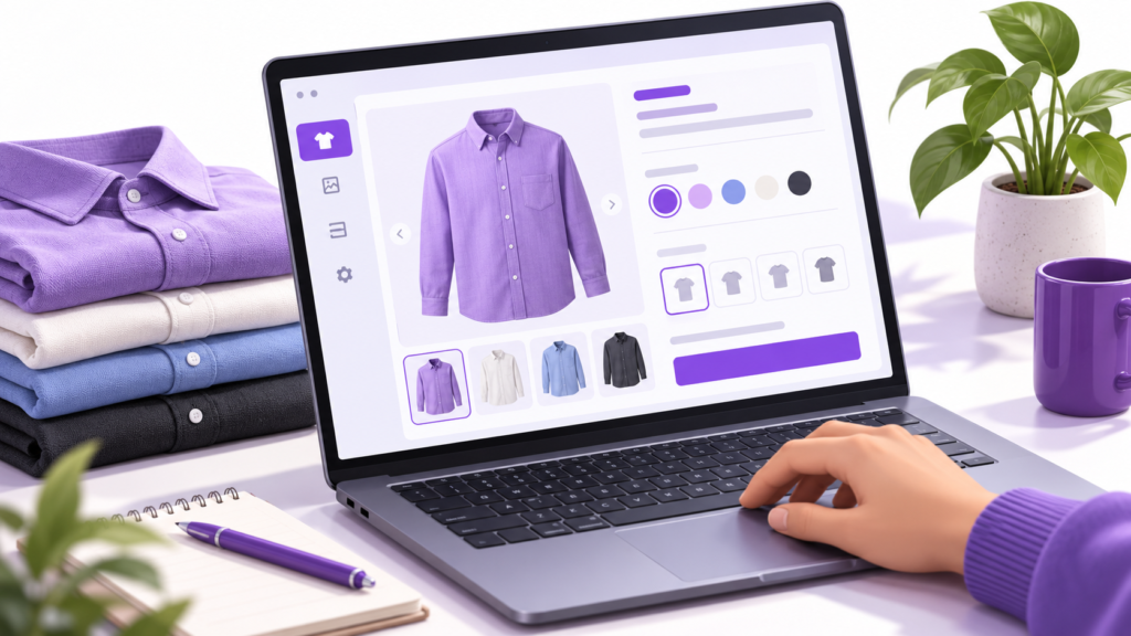 Store owner editing shirt colors and product options on a laptop.