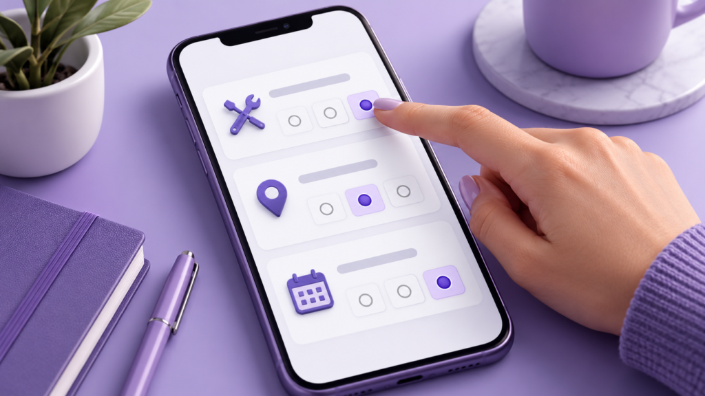 Person selecting service, location and timeframe options on a mobile enquiry form