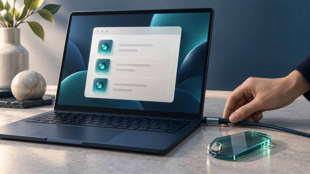 Laptop displaying abstract tracking events while a hand checks a connector