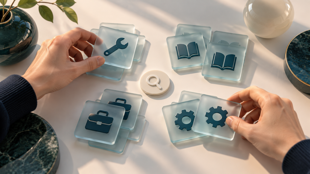 Hands sorting cards with repair, research, employment and spare-parts symbols