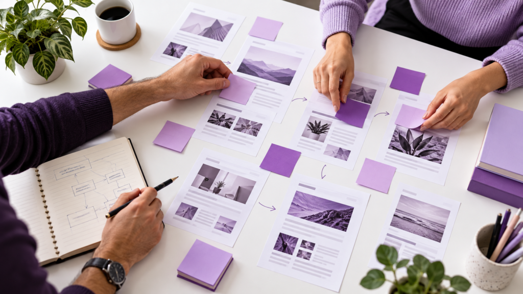 Colleagues arranging article and service-page layouts to plan internal links