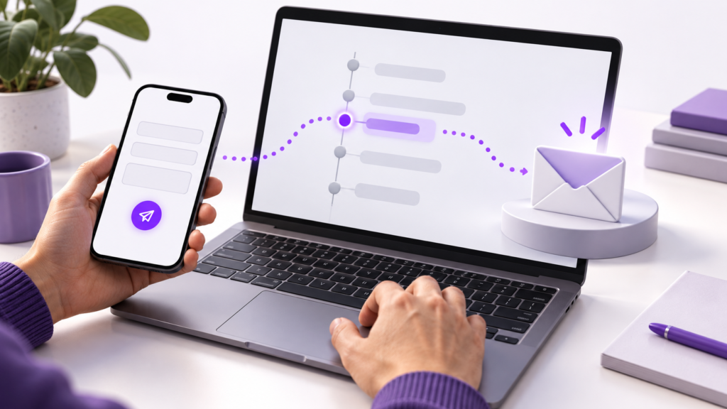 Website enquiry form being tested on a phone alongside an illustrated analytics event stream