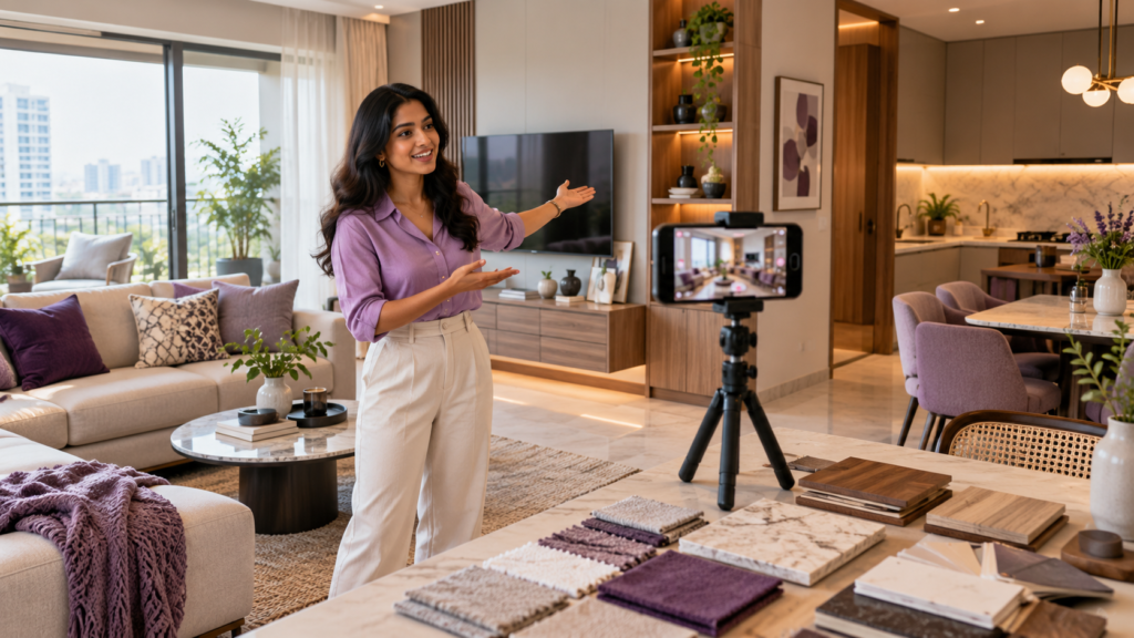 Interior designer filming a complete apartment to communicate the scope of an interior-design service