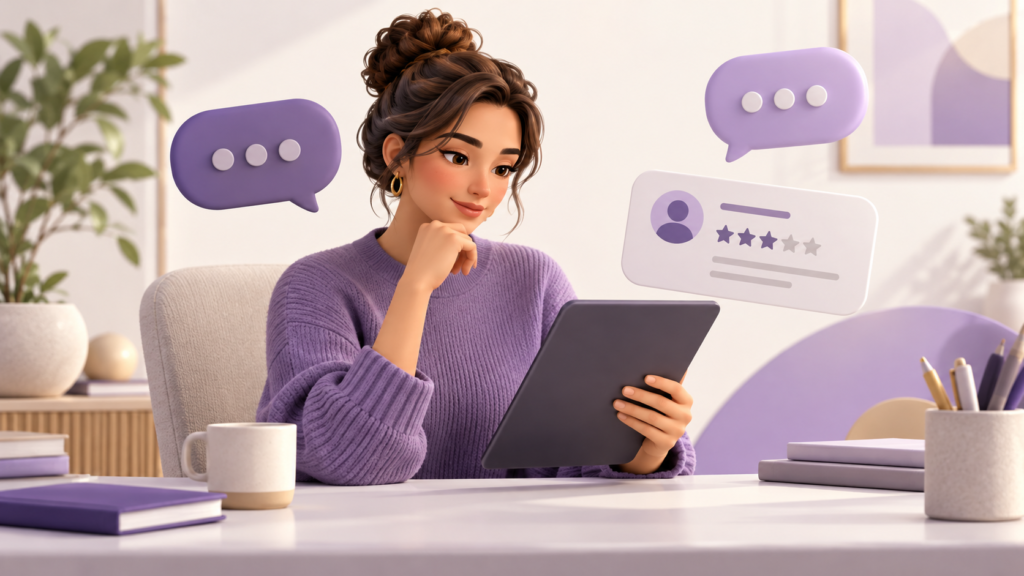 Business owner reading customer feedback on a tablet beside review and speech-bubble illustrations.
