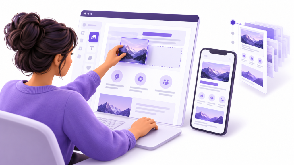 Marketing editor updating a website image with a mobile preview and earlier page versions alongside.