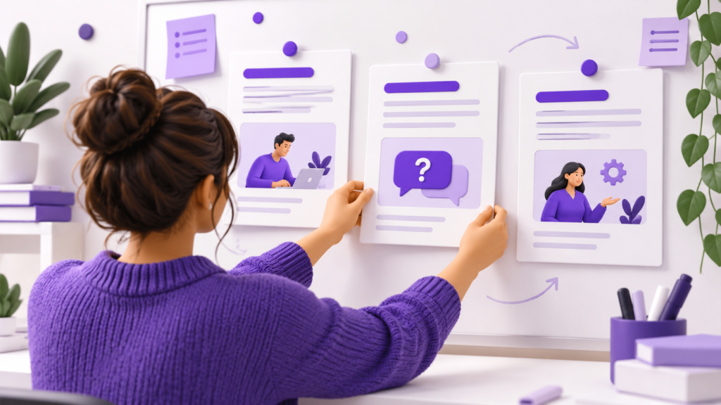 Content editor arranging service pages and question-focused content on a planning board