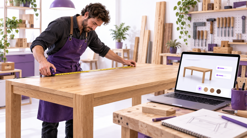 Furniture maker measuring a wooden table beside a laptop showing a product configurator.