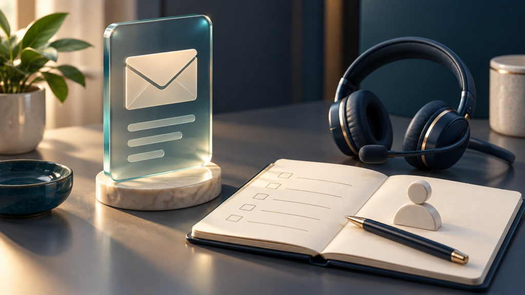 Enquiry message beside a headset and follow-up checklist