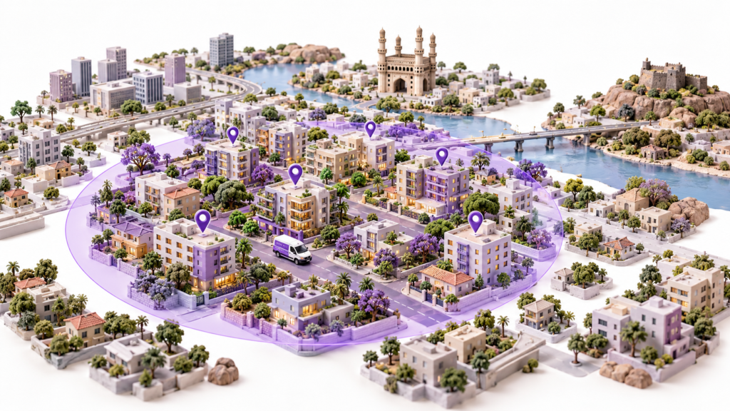 Miniature city illustration with purple location pins marking a local service area