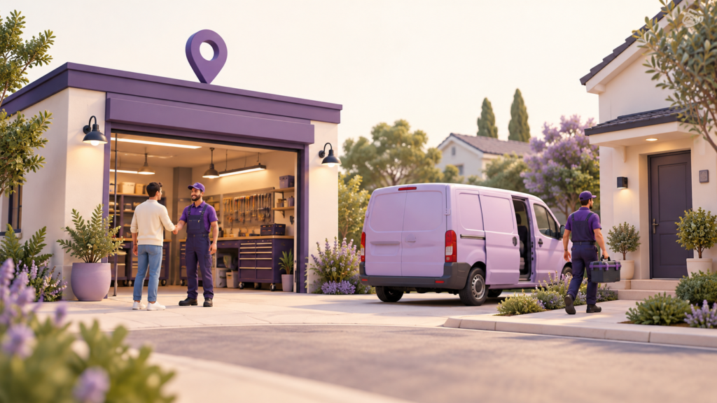 Repair workshop welcoming a customer while a mobile technician visits a nearby home.
