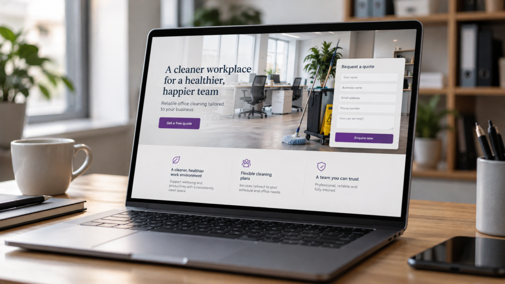 Laptop displaying an office-cleaning landing page with a quote request form