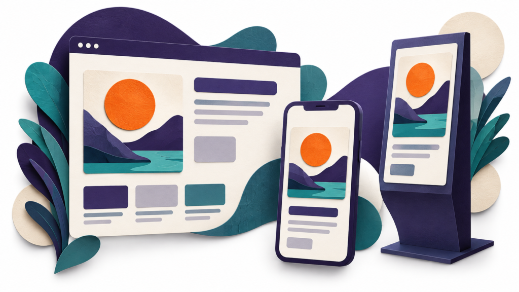 Shared content displayed across a website, mobile app and information kiosk.