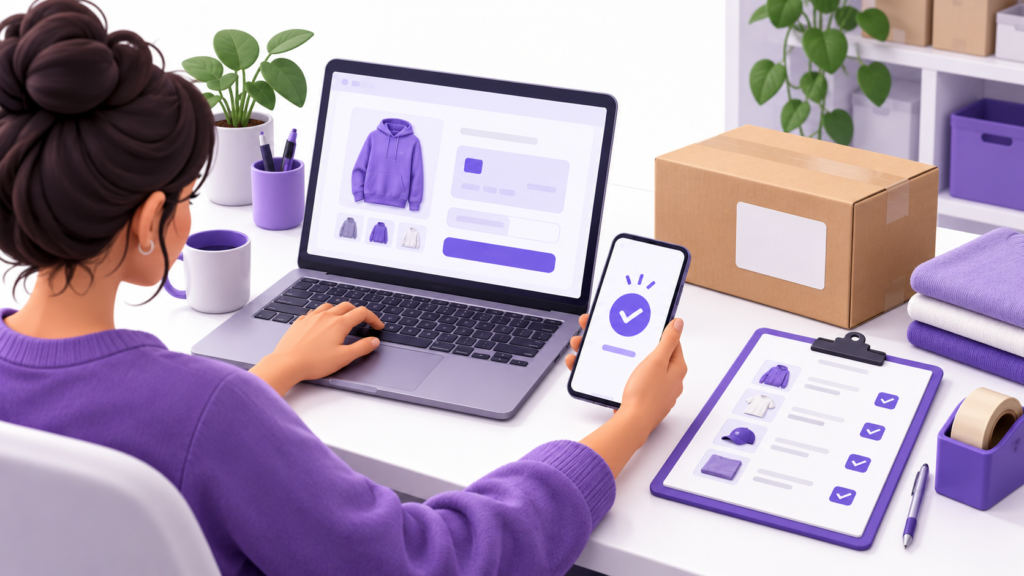 Business owner reviewing online checkout and an order confirmation beside a parcel.
