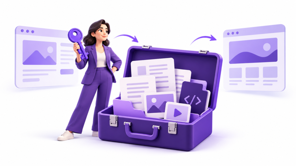 Business owner holding an account key beside exported website content, media and code.