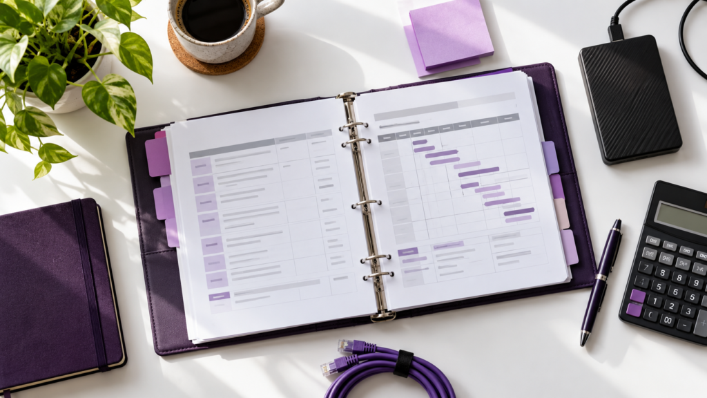Website maintenance planning binder beside a calculator, backup drive and network cable.
