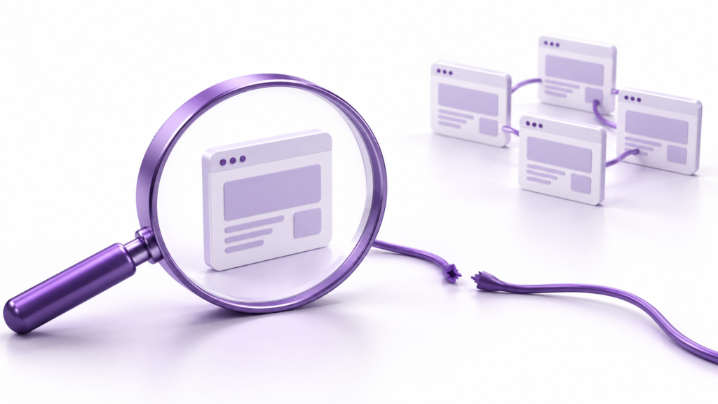 Magnifying glass examining an isolated webpage beside a disconnected purple link