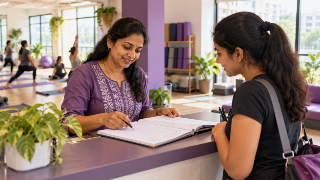 Fitness studio owner reviewing an appointment register with a prospective member