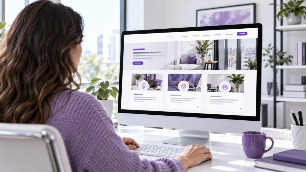 Designer reviewing website navigation and service cards on a desktop screen