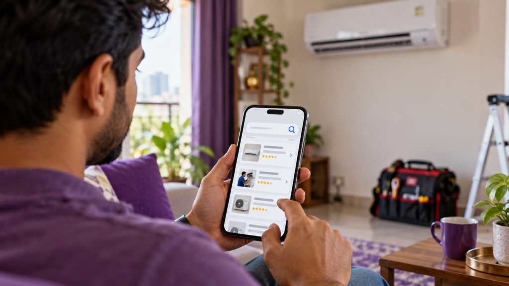 Customer searching for AC repair services on a smartphone