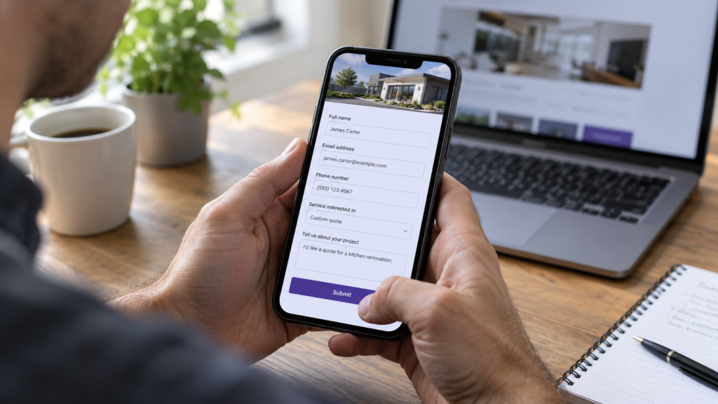 Person testing a website quote request form on a smartphone