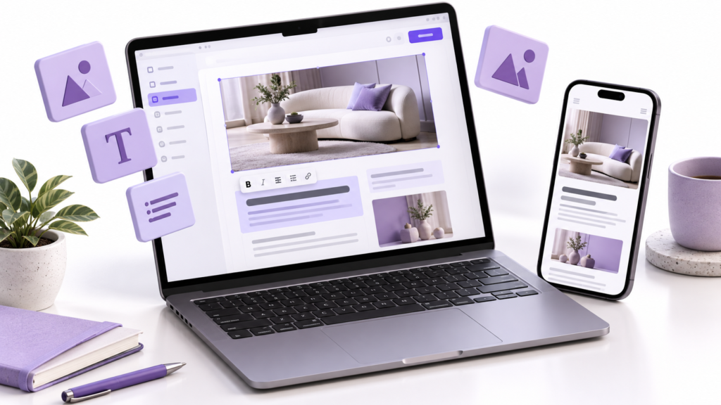 Website content editor on a laptop beside a matching mobile page preview