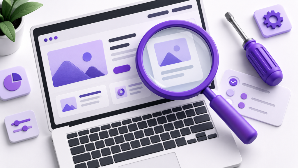 Purple magnifying glass inspecting a website layout beside technical maintenance tools