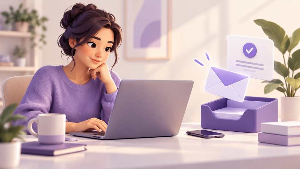 Business owner checking a website enquiry on a laptop beside an envelope and confirmation symbol.