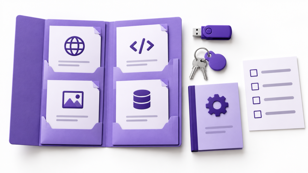 Website handover folder containing domain, code, media and database symbols beside a backup drive and maintenance guide